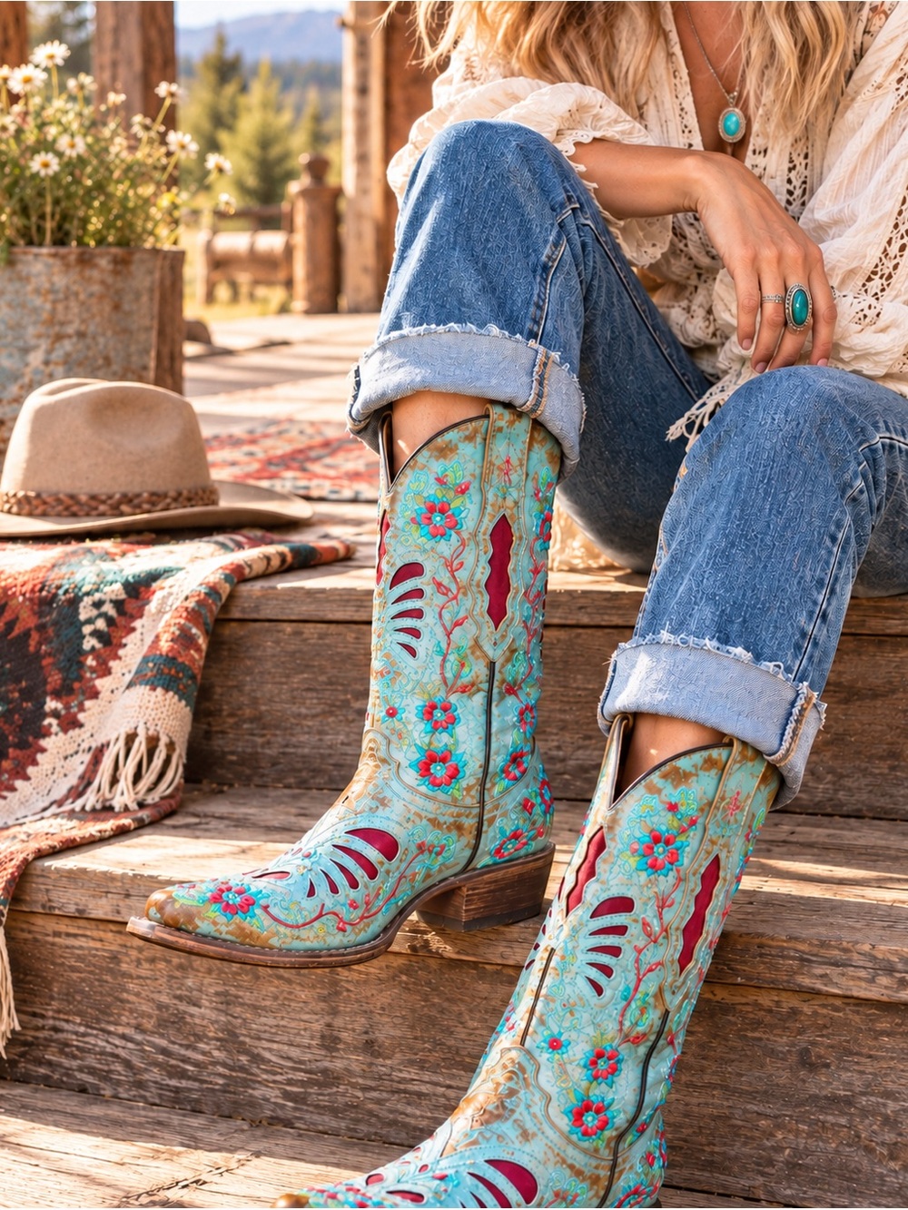 Vintage Mexican Leather Embroidered Western Cowboy Boots 7.5B | Colorful Floral - Picture 2 of 16